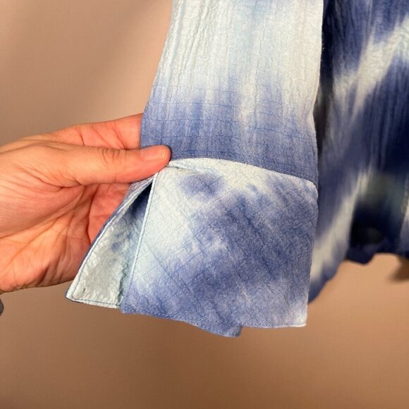 Ali Miles Crinkle Tunic Button Up Top Size Large Blue Tie Dye Artsy Art to Wear - Picture 5 of 11